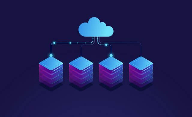 Server room, cloud storage icon, datacenter and database concept, data exchange process isometric